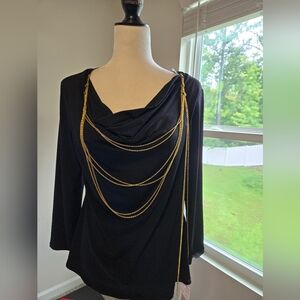 Sunny Leigh WOMAN'S Black 3/4 Sleeve Top w Attached Goldtone Necklace Sz L